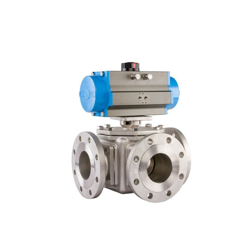 GO Ball Valves Actuated Spring Return Pneumatic Flanged ANSI 150# 3 Way BLS3FASR - GO Industrial - BLS3L4FA - SR
