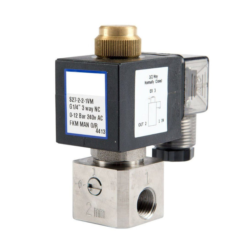 GO 1/4" S27 304 Stainless 3 Way 2 Position Direct Acting Normally Closed Solenoid Valve - GO Industrial - S27 - 2 - 1.2