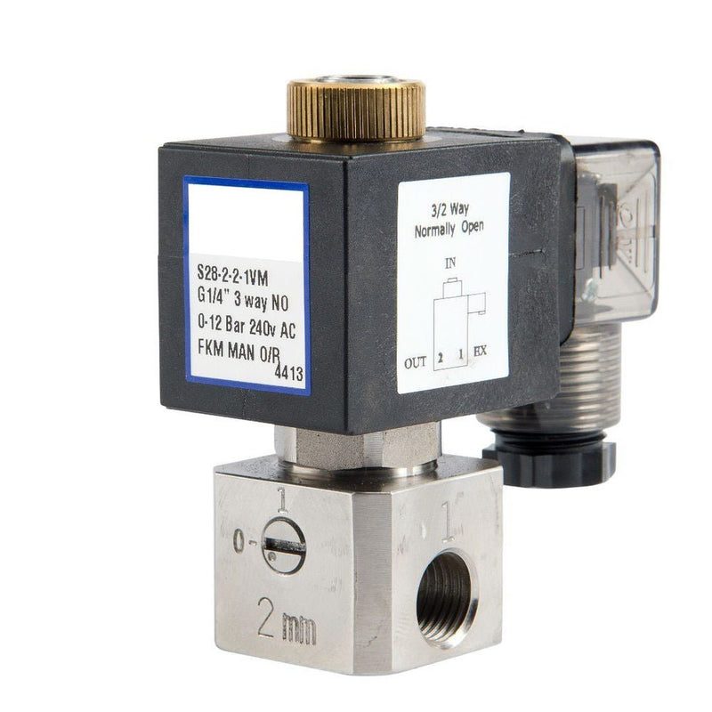 GO 1/4" S28 304 Stainless 3 Way 2 Position Direct Acting Normally Open Solenoid Valve - GO Industrial - S28 - 2 - 1.2