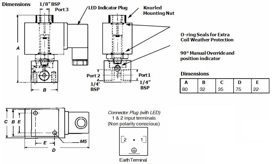 GO 1/4" B27 Brass 3 Way 2 Position Direct Acting Normally Closed Solenoid Valve - GO Industrial - B27 - 2 - 2