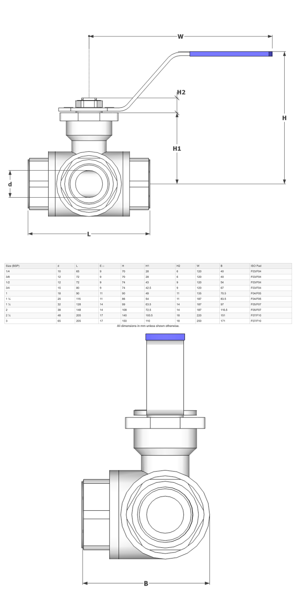 GO Ball Valves 316 Stainless 3 Way BLS3 - GO Industrial - BLS3L2B - L