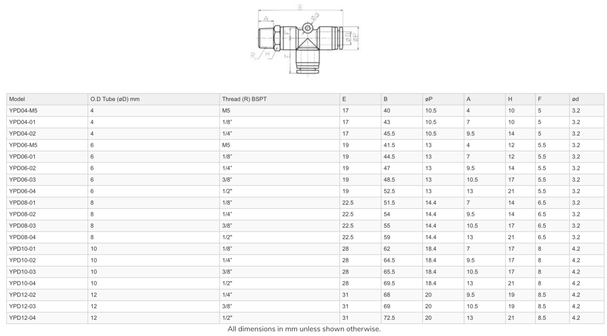GO YPD Pneumatic Male Branch Tee Push Fit - GO Industrial - YPD04 - M5