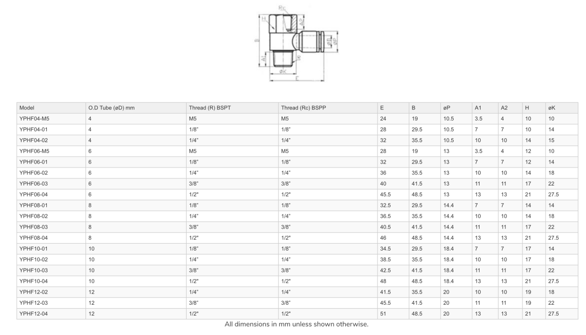 GO YPHF Pneumatic Universal Female Elbows Push Fit - GO Industrial - YPHF04 - M5