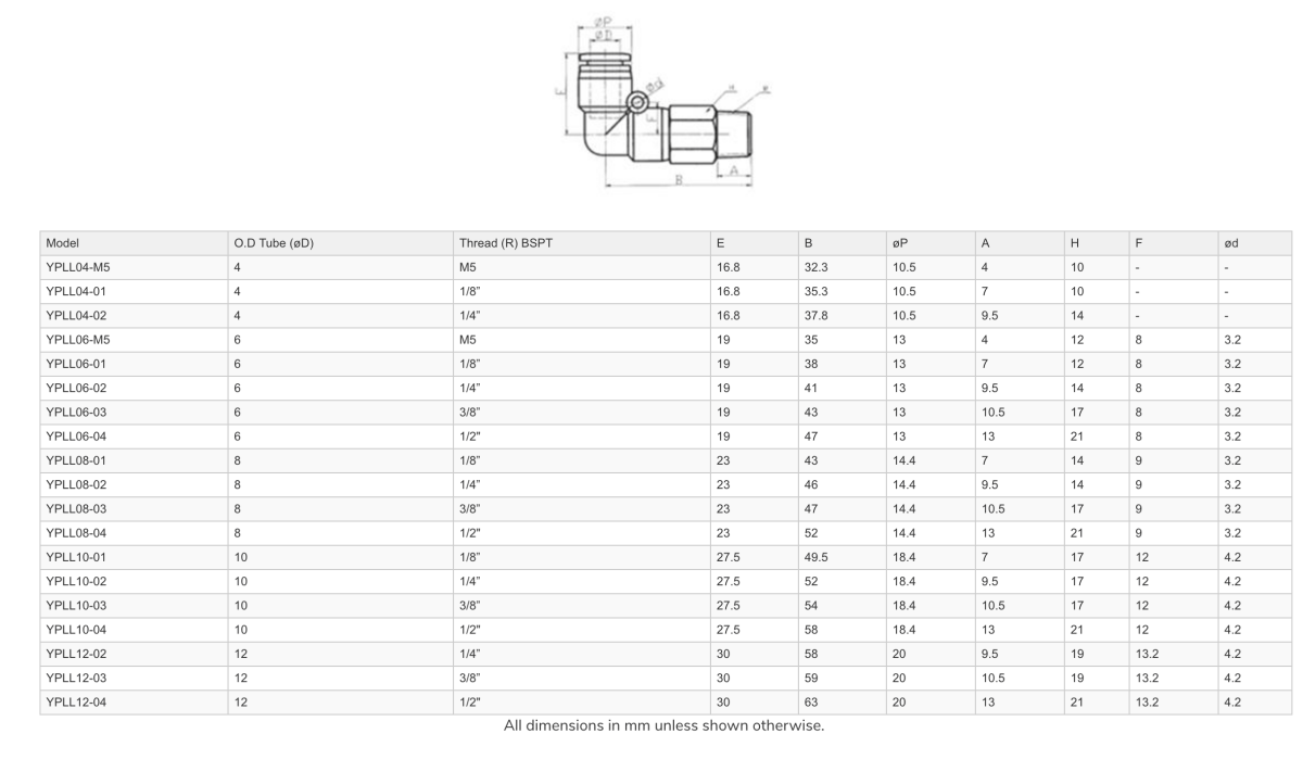 GO YPLL Pneumatic Extended Male Elbows Push Fit - GO Industrial - YPLL04 - M5