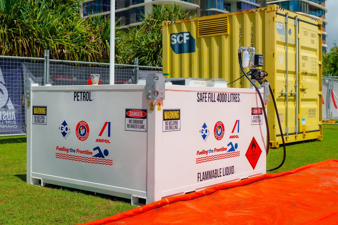GO Industrial Safe Fill tanks on spill bunds at the Aussie Masters Surf Life Saving Championships, Kirra Beach