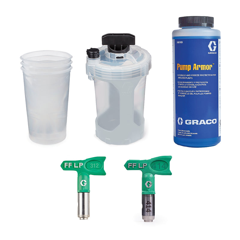 GRACO Handheld Essentials Kit Bundle. Kit includes 950ml Pump armour, a 1.2L cup assembly, a 3 pack of 1.2L flex liners and two fine finish low pressure switch tips FFLP312 and FFLp514