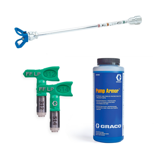 GO x GRACO Spray More Essentials Kit. Contains a 40cm extension, a 950ml bottle of pump armour and two fine finish low pressure switchtips FFLP312 and FFLP514