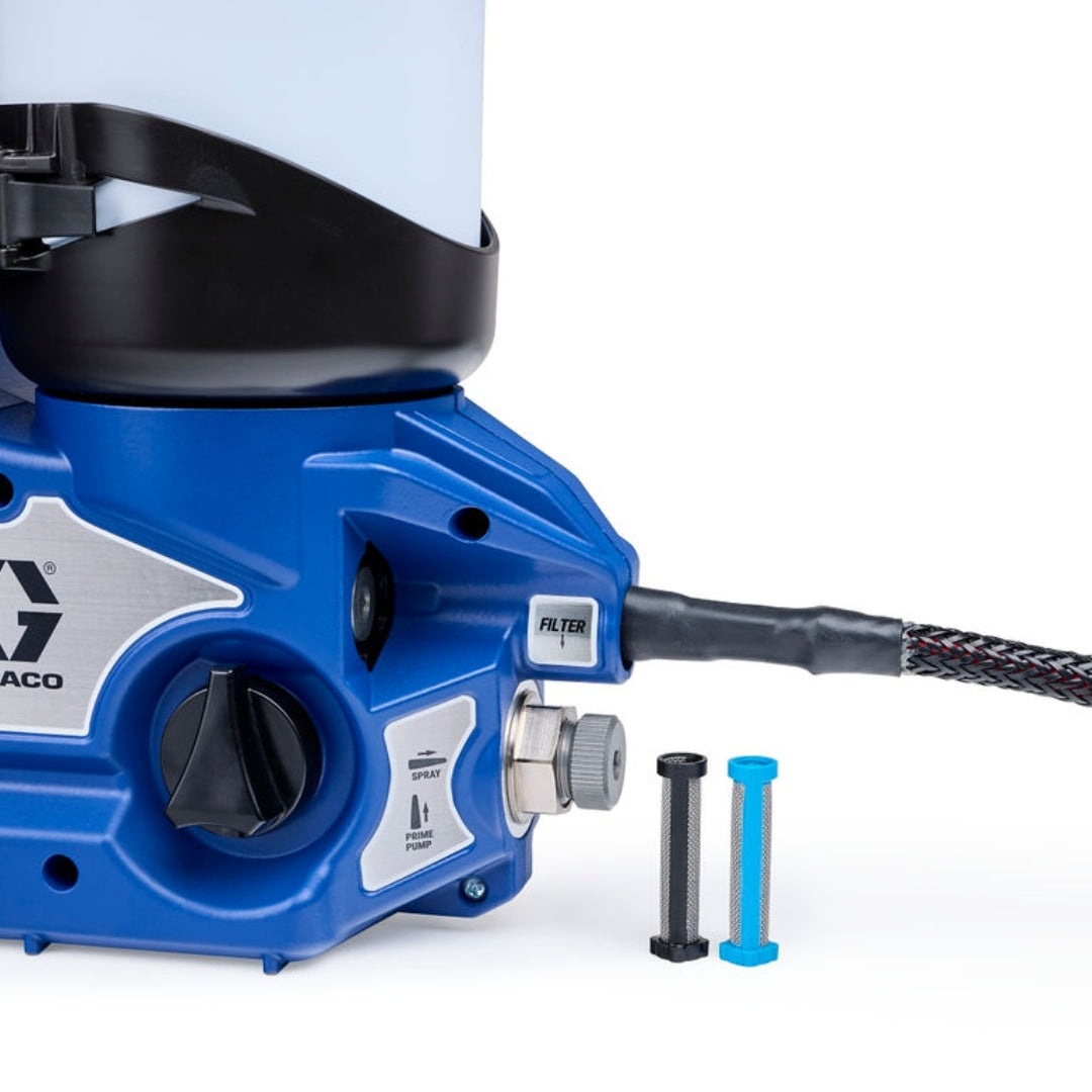 GRACO Ultra QuickShot II Easy Out pump filters 2014138, black and blue, beside the QuickShot II pump