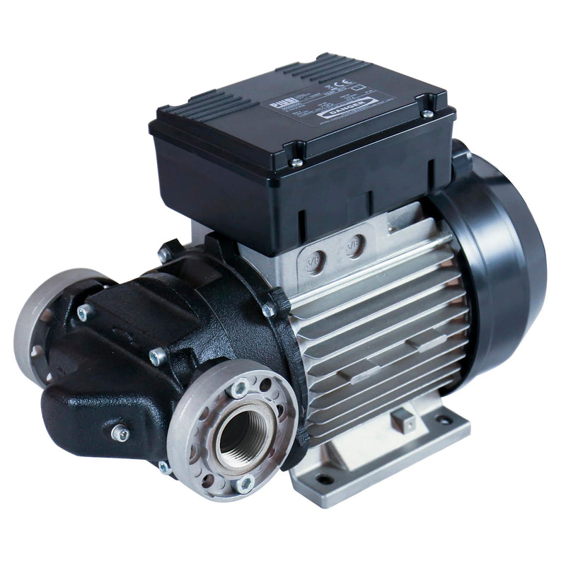 Piusi E120 high-flow AC diesel transfer pump from GO Industrial with heavy-duty cast-iron housing and mounting base