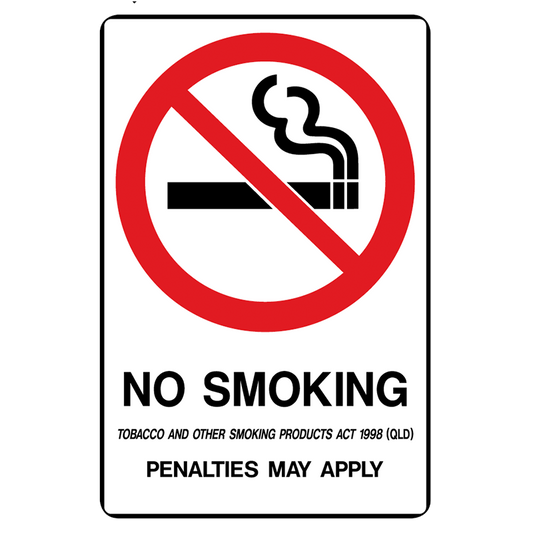 Brady Prohibition Sign (QLD State Specific): No Smoking, Penalties May Apply