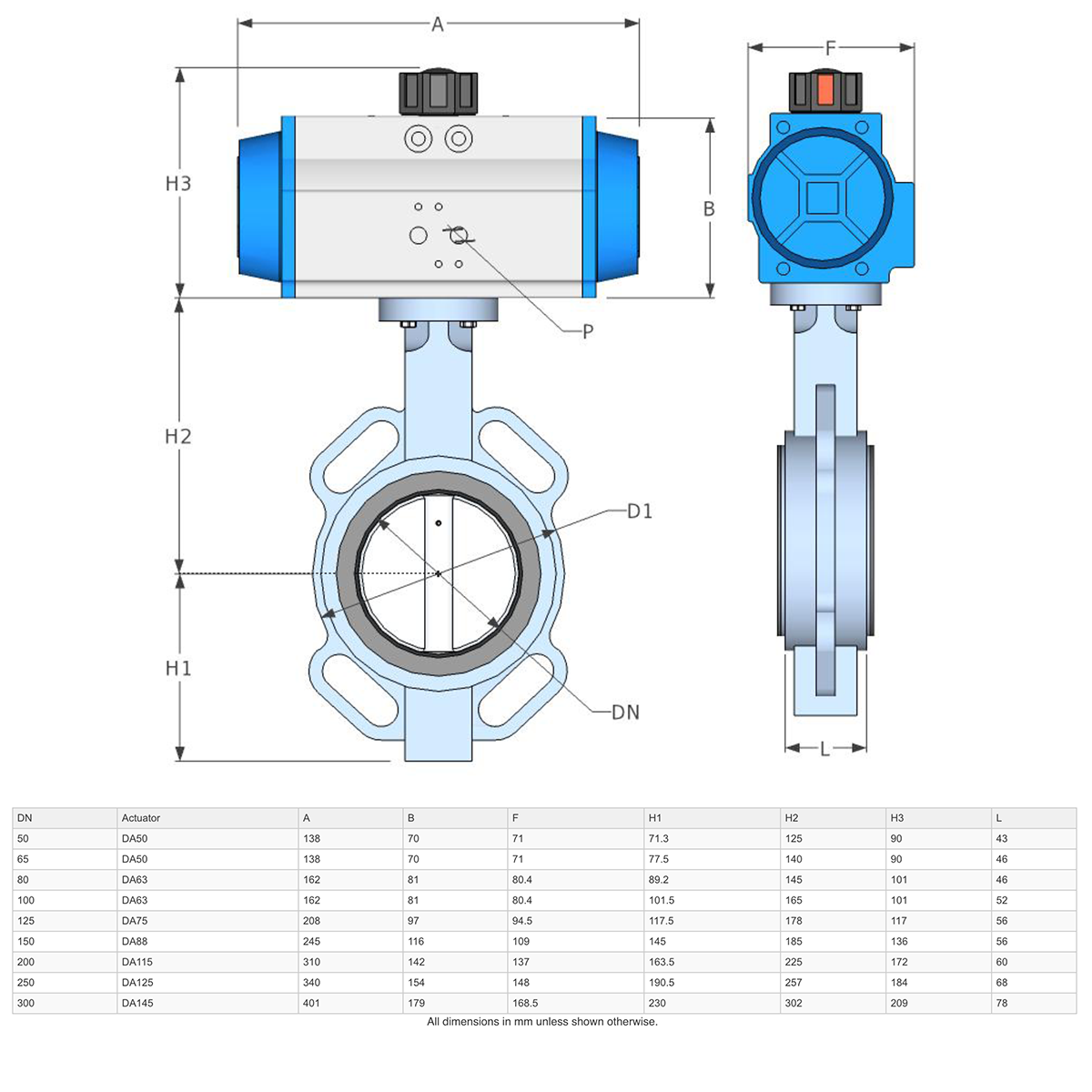 Dimensions - GO Butterfly Valve Actuated Double Acting Pneumatic CI Body 304 SS Disc EPDM Liner 2" to 12" BFKDA Range