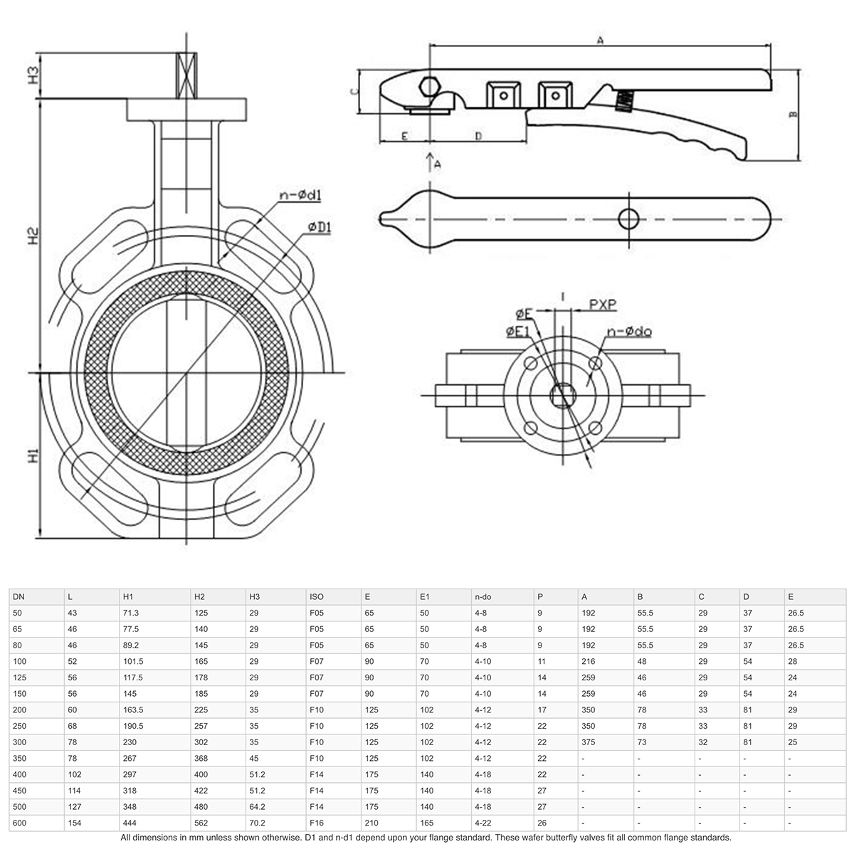 Dimensions - GO Butterfly Valve Manual CI Body 316 SS Disc EPDM Liner 2" to 24" BFD Range
