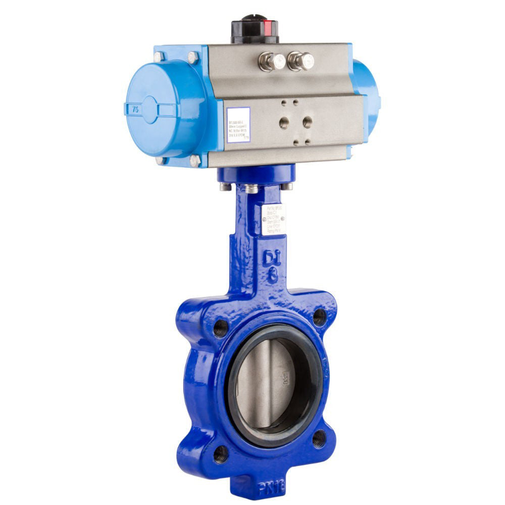 GO Butterfly Valve Actuated Spring Return Pneumatic Lugged CI Body 316 SS Disc EPDM Liner 2" to 24" BFLSR Range