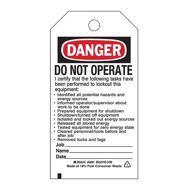 Brady Lockout Tag - Do Not Operate Certification