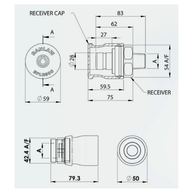 Banlaw Fluid Transfer Flush Face - Size 8 - Platinum/Grey Dimensions