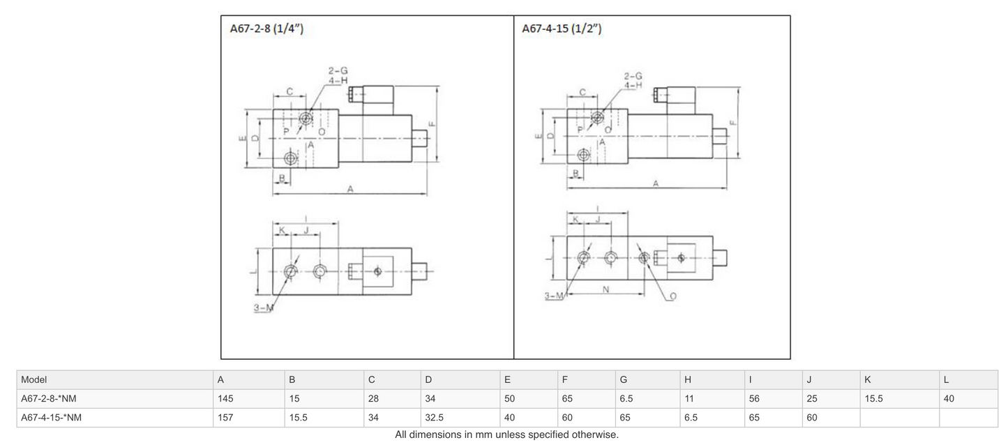 Dimensions - GO Solenoid Valve 1/4" and 1/2" A67 Aluminium High Pressure 3 Way 2 Position Normally Open