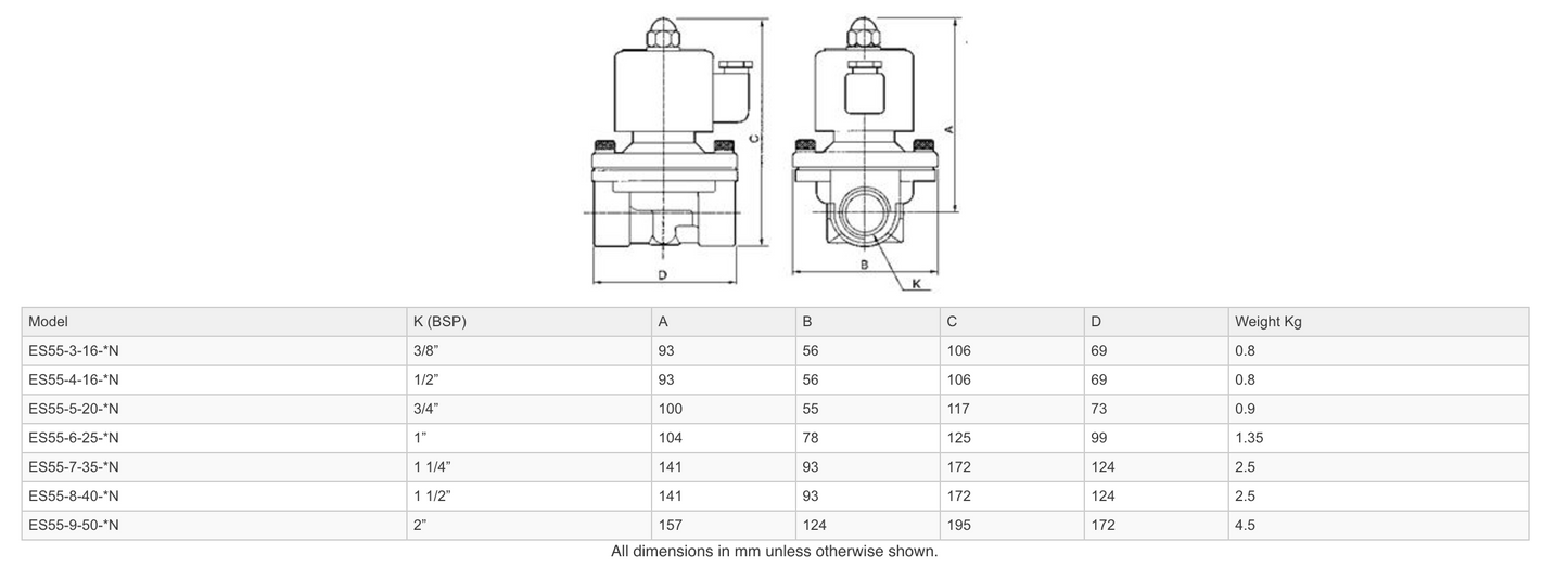 Dimensions - GO Solenoid Valve 3/8" to 2" ES55 Stainless General Purpose Differential Normally Closed Range