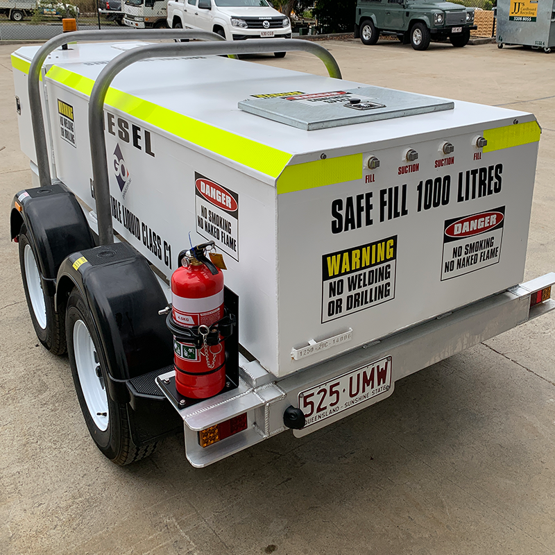 FUEL TRAILER 1250L Self Bunded Low Profile Dual Axle SBHD1250 Rear View with Fire Extinguisher and Generator Suction and Return Points
