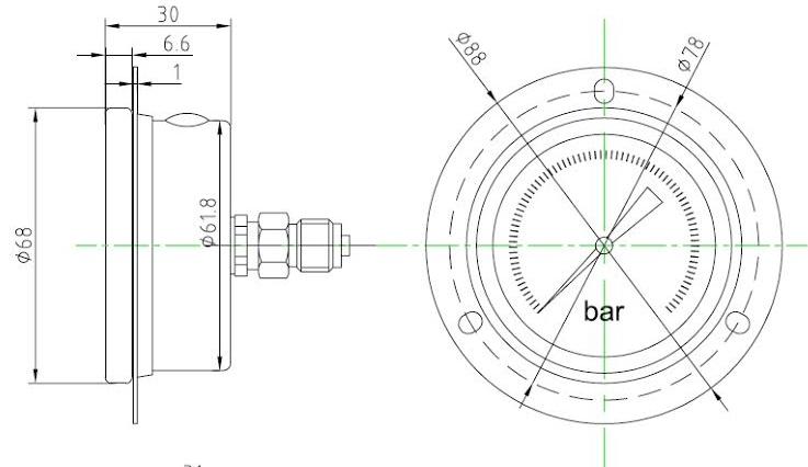 Dimensions - GO Pressure Gauge 63mm 1/4" BSP Rear Entry 304 SS Case GAU63R Range