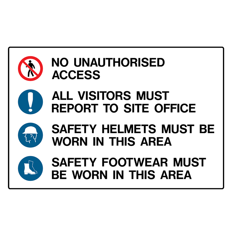 Brady Mandatory Stock Multiple Condition Signs: Unauthorised Access, Report To Site Office, Safety Helmets & Safety Footwear