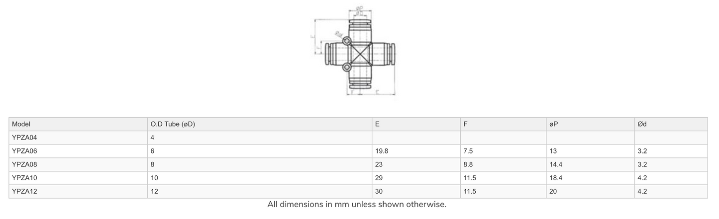 Dimensions - GO Pneumatic Cross Joiner Push Fit YPZ Range