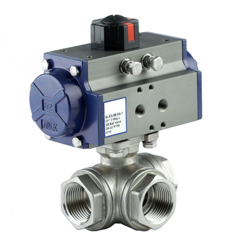 GO Ball Valves Actuated Spring Return Pneumatic 316 Stainless 3 Way BLS3SR - GO Industrial - BLS3L2B - SR