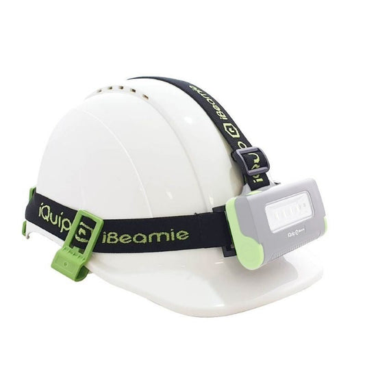 iQuip iBeamie Head Band Strap connected to Helmet and an iBeamie light - 18HB20